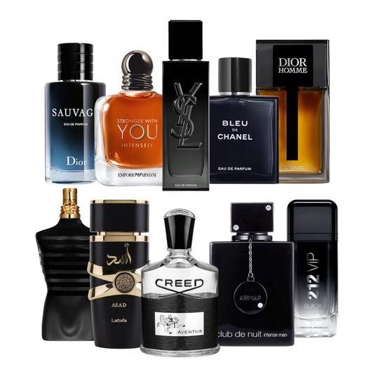 BLACK FRIDAY – Combo 10 Perfumes Masculinos (100ml) – Dior Sauvage, Bleu de Chanel, 212 VIP Men, Dior Homme, Stronger With You, Creed Aventus, Le Male, My Self YSL, Lattafa Asad, Club de Nuit Intense Man